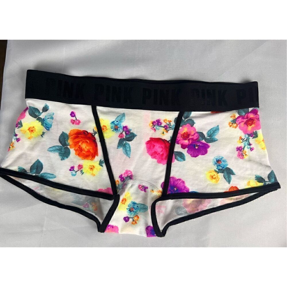 Victoria’s Secret PINK small floral boyshort boxer brief wide logo waist band￼￼￼